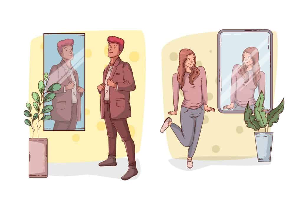 Two parts of an image with the one on the left showing a man in a suit looking at himself with admiration in a full length mirror.  The other side of the image shows a woman doing the same thing.  The actions of the man and woman shows self admiration.  When there is too much self admiration is a core problem in narcissism.  