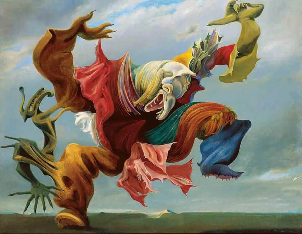 Treatment for schizophrenia. Max Ernst, German surrealist. The painting "The Triumph of Surrealism" from 1937 shows a phantasy anthropomorphous figure, like those appearing in schizophtrnia