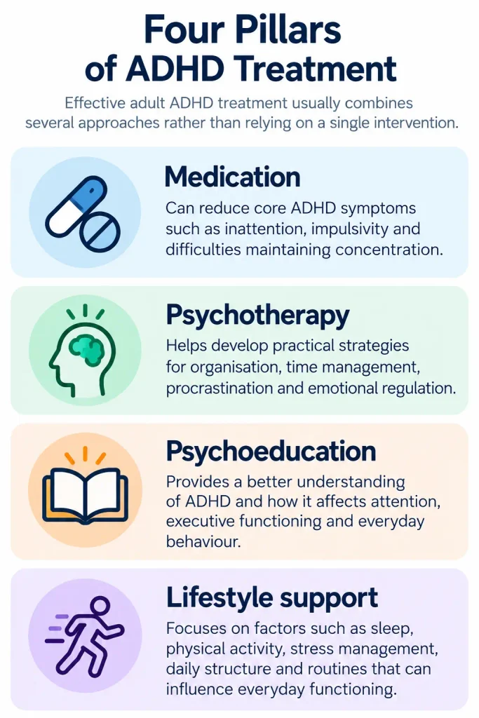 Four components of ADHD treatment: medication, psychotherapy, psychoeducation and lifestyle support