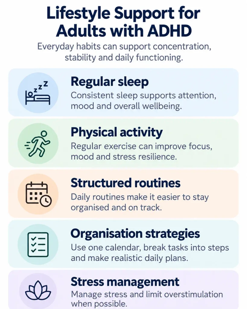 Lifestyle strategies for adults with ADHD including regular sleep, exercise, structured routines, organisation and stress management
