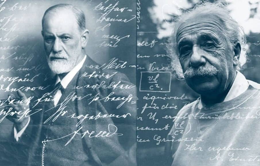 The picture shows on the left side the photograph of Freud, on the right the photograph of Einstein. The picture is a collage including the handwriting of both personalities. It relates to the letter exchange between Einstein and Freud about war, about aggressive and destructive impulses within the human psyche. Freud tries to answer Einstein how the war could be prevented. His statement however is not encouraging. Freud is aware of the danger stored in human nature