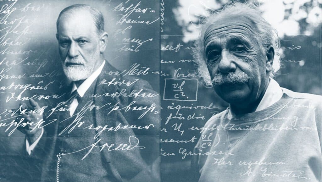 The picture shows on the left side the photograph of Freud, on the right the photograph of Einstein. The picture is a collage including the handwriting of both personalities. It relates to the letter exchange between Einstein and Freud about war, about aggressive and destructive impulses within the human psyche. Freud tries to answer Einstein how the war could be prevented. His statement however is not encouraging. Freud is aware of the danger stored in human nature 