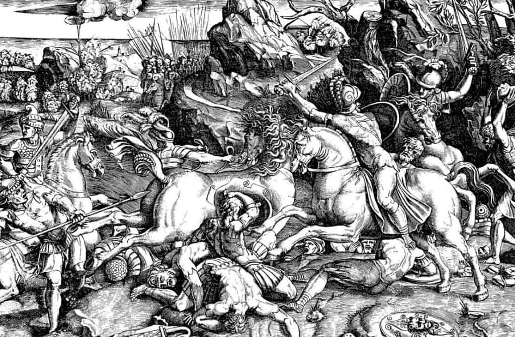 The painting in black and white shows a battle scene from the Middle Ages, Knights and cavalry are involved in the fight. 