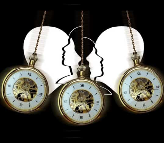 Desensitization and reprocessing in EMDR. 3 golden pocket watches going back and forth. In the background 4 silhouettes of human's heads, two belonging to men and two to women.  The background is black.
