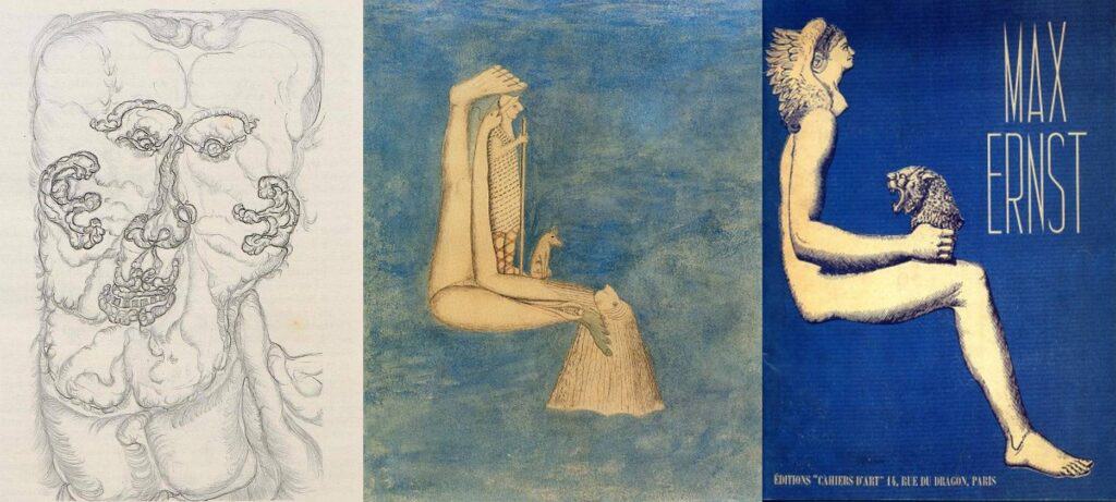 Painting of mentally ill patients and surrealist artist. Left: Lufterscheinung” (“Air appearance”), pencil drawing, hallucination of a mentally ill patient. Middle: August Natterer (1868 – 1933), a schizophrenic German outsider artist, Prinzhorn Collection, Heidelberg- Right: Painting by Max Ernst, German surrealist