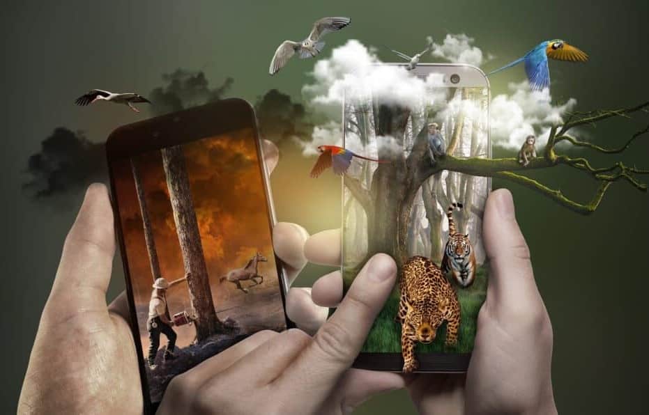 The illustration is collage. The picture is held by two hands. The collage contains different objects, such as a mobile, fragments of a landscape, and animals. On the screen of the mobile, we see a man cutting a tree. with smoke over it. The collage is showing the destruction of the environment, causing distinct psychiatric disorders