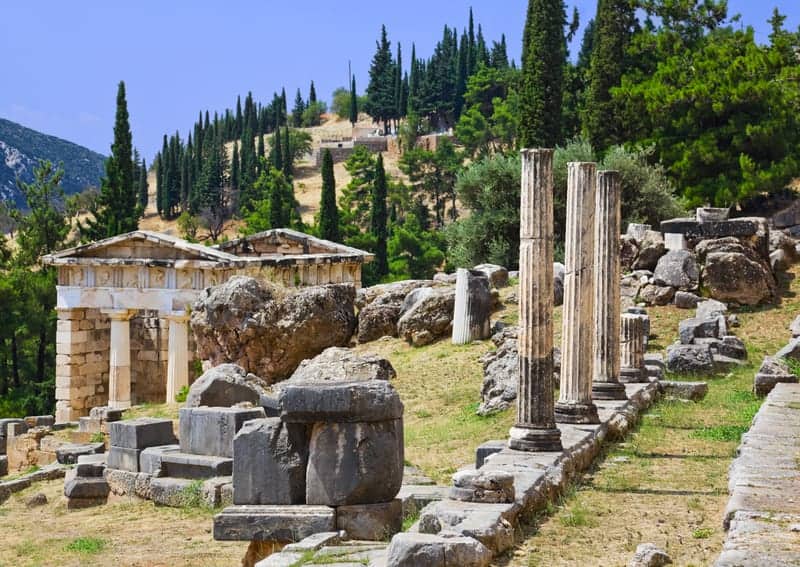 Religious rituals, shamanism, hypnosis. Ruins of Apollo temple, Delphi, Greece