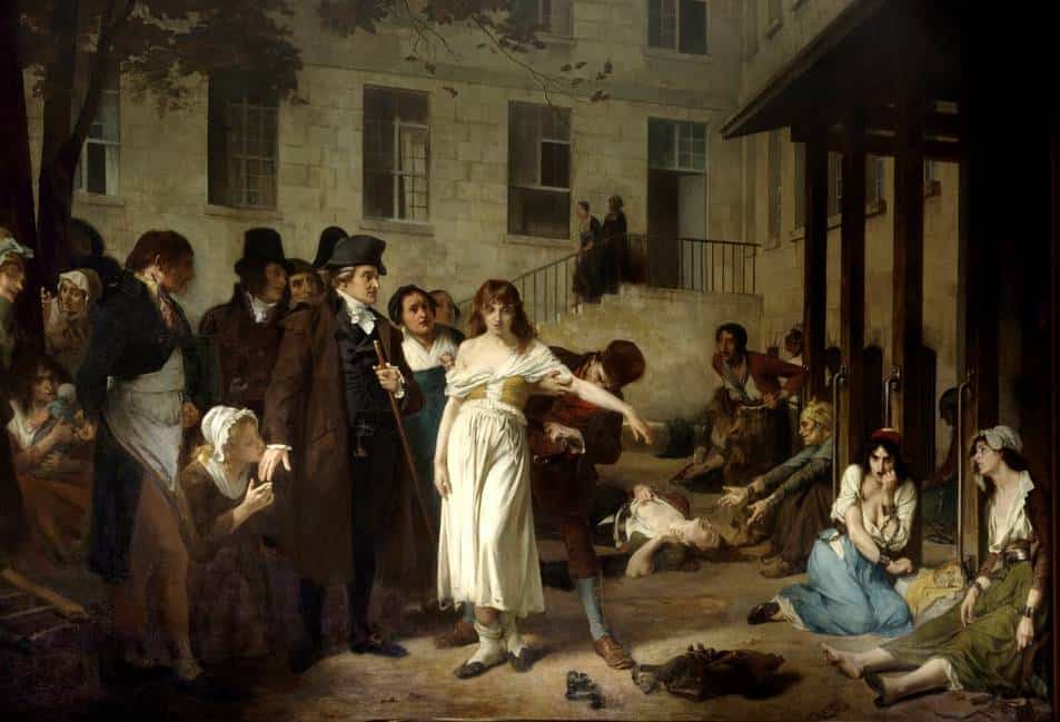 Schizophrenia and madness.  Doctor Philippe Pinel (1745-1826) liberating the aliens of their chains in 1795 at the Salpetriere Hospital in Paris, Painting by Tony Robert Fleury (1837-1912) 19th century Paris