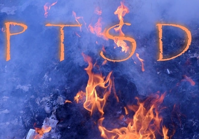 PTSD recollection of facts. Picture with flames in the shape of the letters PTSD