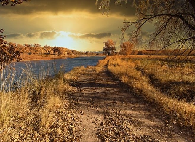 Alcohol dependency treatment. An autumn landscape with a road ending on the horizon. On the left site a river. On the horizon a sunset. The picture symbolizes the road to recover from addiction
