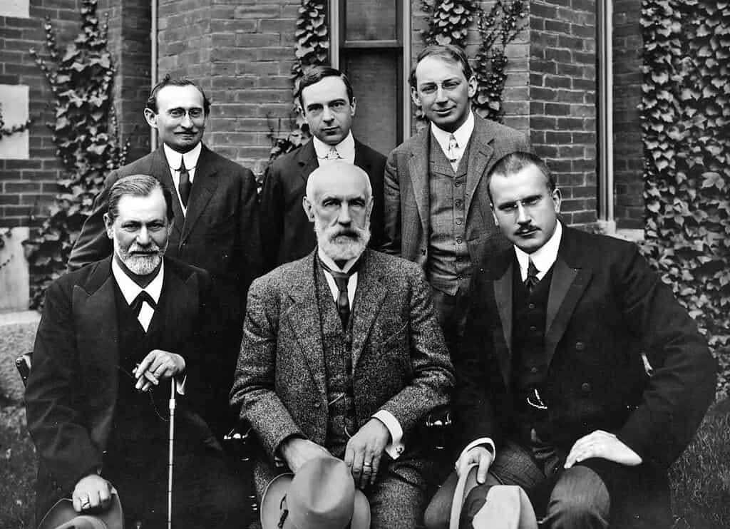 Congress at Clark University in Worcester 1909. Front row (left to right): Left Sigmund Freud, G. Stanley Hall (university president), Carl Jung