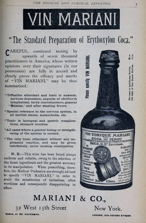 Freud’s studies on cocaine. Angelo Mariani, a Parisian pharmacist, introduced in 1877 "Vine Mariani" containing cocaine as a remedy for various ailments