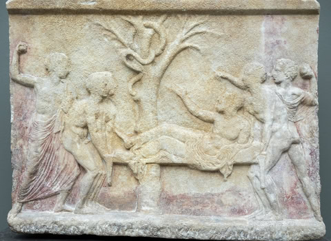 Ancient roots of psychiarey. Marble slab showing God of Healing, Asklepios, came as snake to heal a patient on stretcher, 420 BC