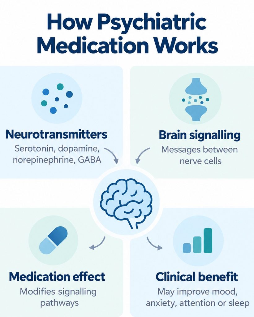 Diagram showing how psychiatric medication influences neurotransmitters and brain signalling to improve mood, anxiety, attention and sleep.