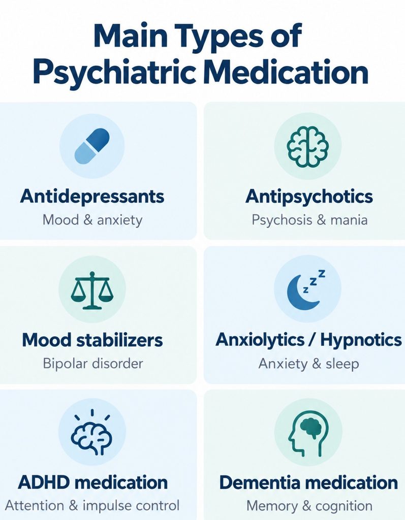 Six main types of psychiatric medication: antidepressants, antipsychotics, mood stabilizers, anxiolytics, ADHD medication and dementia medication.
