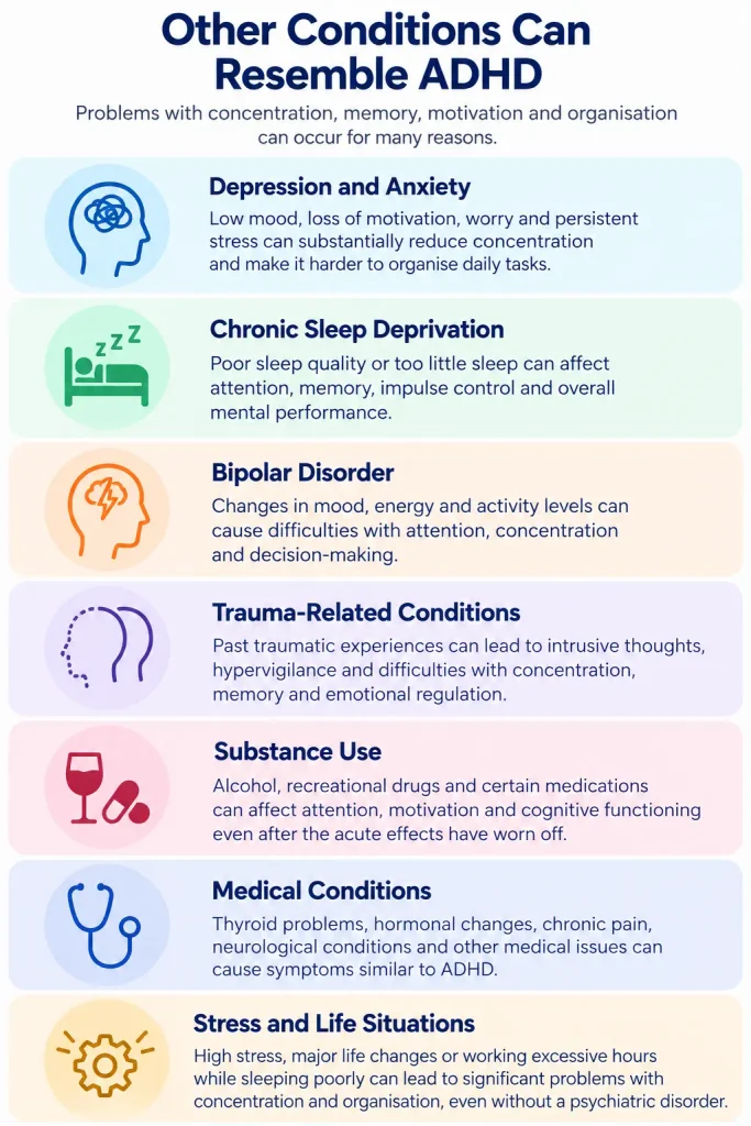 Conditions that can resemble ADHD, including depression, anxiety, sleep deprivation, bipolar disorder, trauma, substance use, medical conditions and stress.