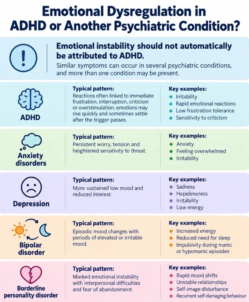 Comparison of emotional dysregulation in ADHD, anxiety disorders, depression, bipolar disorder and borderline personality disorder, highlighting overlapping symptoms.