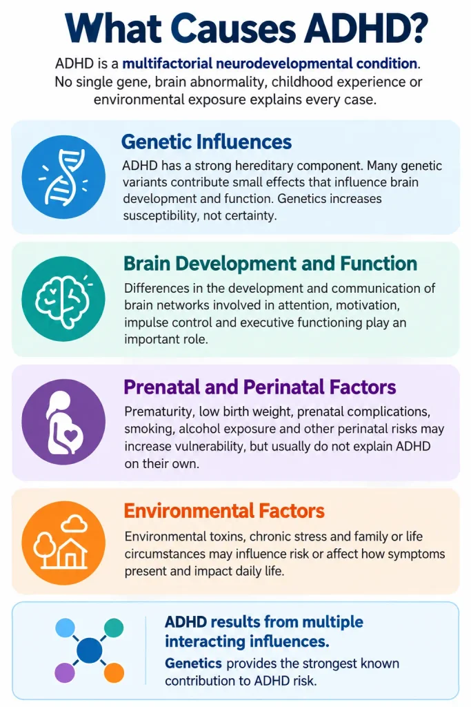 Infographic explaining the causes of ADHD, including genetic susceptibility, brain development and environmental risk factors.