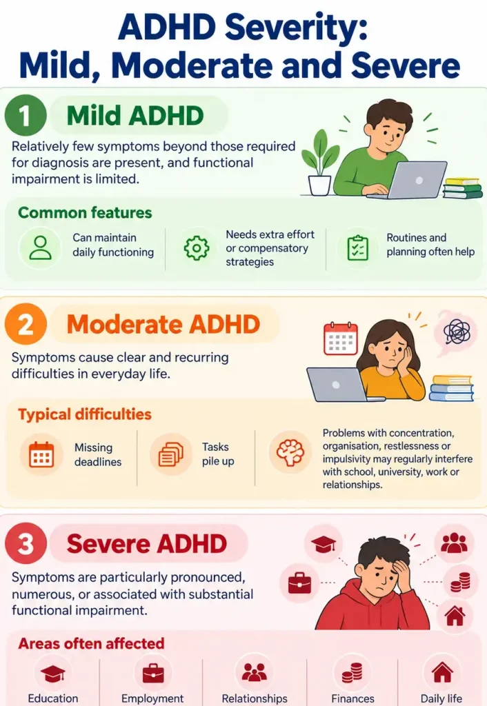 Infographic comparing mild, moderate and severe ADHD, showing differences in symptom intensity, functional impairment and effects on everyday life.