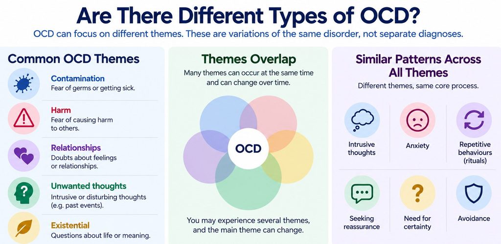 Infographic showing common OCD themes, their overlap and shared patterns such as intrusive thoughts, rituals and reassurance seeking.