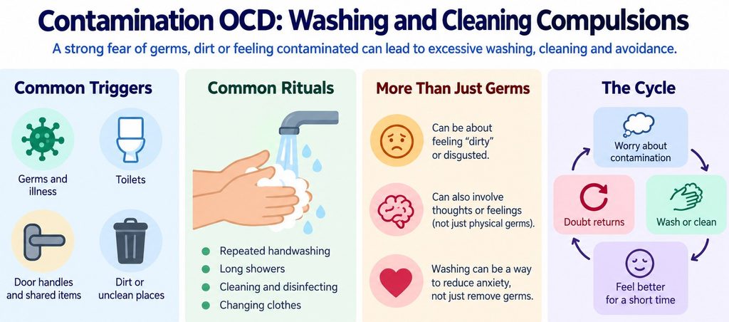 Infographic showing contamination fears, washing and cleaning rituals, avoidance and the repeating OCD cycle.