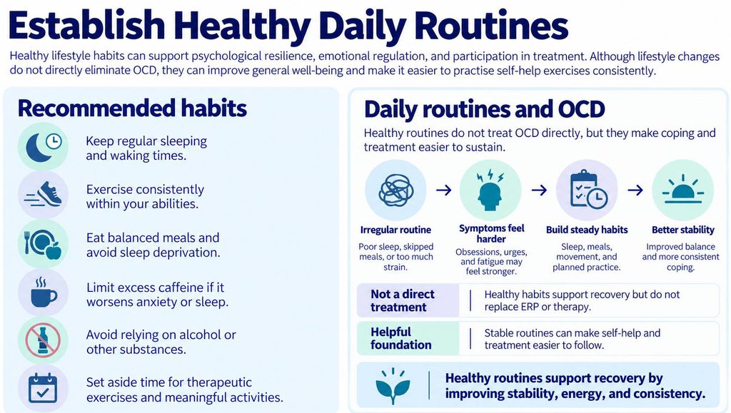 Infographic showing healthy routines that support OCD management, including regular sleep, exercise, balanced meals, and therapeutic exercises.