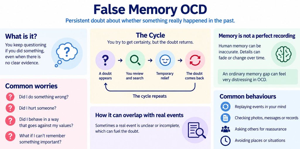 Infographic showing false memory OCD with doubts about past events, repeated mental reviewing, checking records and seeking reassurance.