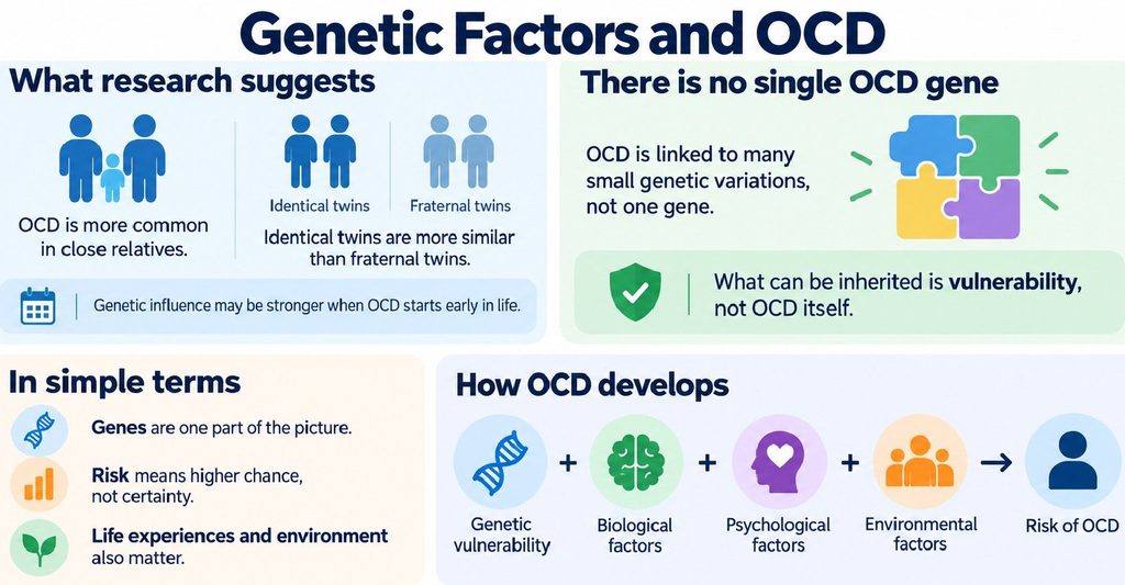 Infographic illustrating family and twin studies, multiple genetic variations and inherited vulnerability to obsessive-compulsive disorder.