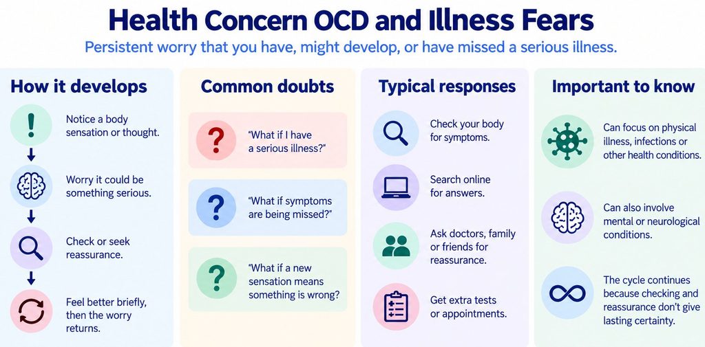 Infographic showing health concern OCD with illness fears, body checking, online research, reassurance seeking and recurring doubt.
