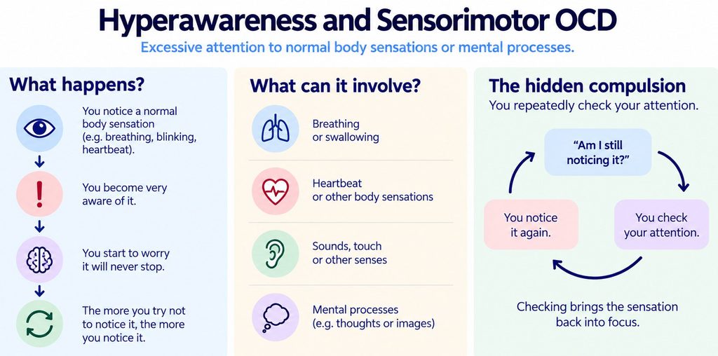 Infographic showing excessive awareness of breathing, swallowing, heartbeat or other sensations and repeated checking of attention.