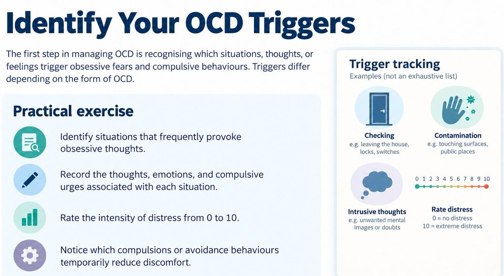 Infographic showing how to identify OCD triggers, record obsessive thoughts and compulsive urges, and rate distress from 0 to 10.