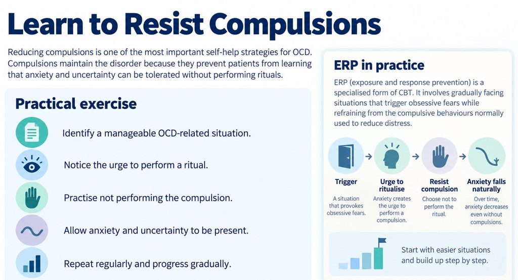 Illustration of exposure and response prevention for OCD, showing how to face triggers, resist compulsions, tolerate anxiety, and progress gradually.