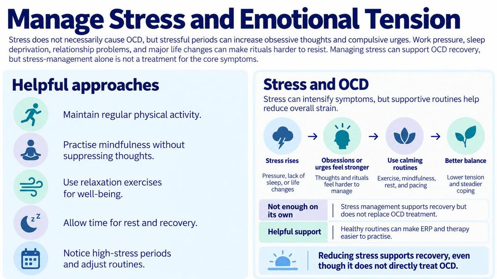 Visual guide to managing stress with physical activity, mindfulness, relaxation, adequate rest, and flexible routines to support OCD recovery.