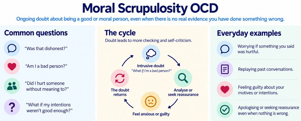Infographic showing moral scrupulosity with persistent doubts about intentions, guilt, reassurance seeking and self-criticism.