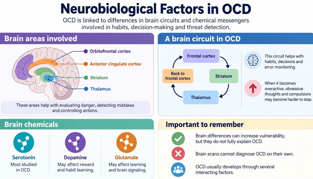 Diagram showing brain regions involved in OCD, repetitive neural circuits and the neurotransmitters serotonin, dopamine and glutamate.