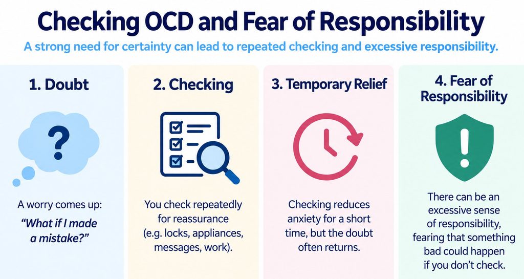 Diagram showing how intrusive doubt leads to repeated checking, temporary relief and renewed doubt in checking OCD.