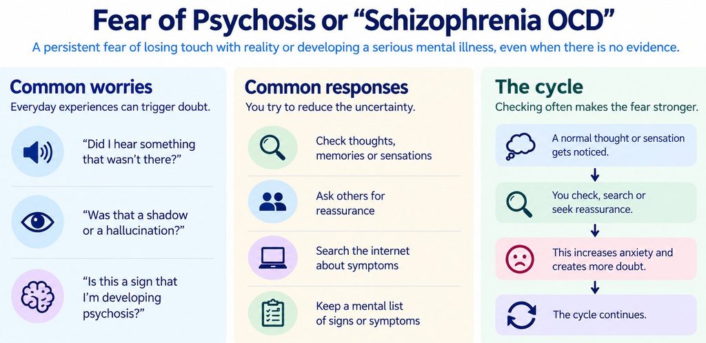 Infographic showing obsessive fear of psychosis with repeated monitoring of thoughts and perceptions, symptom research and reassurance seeking.