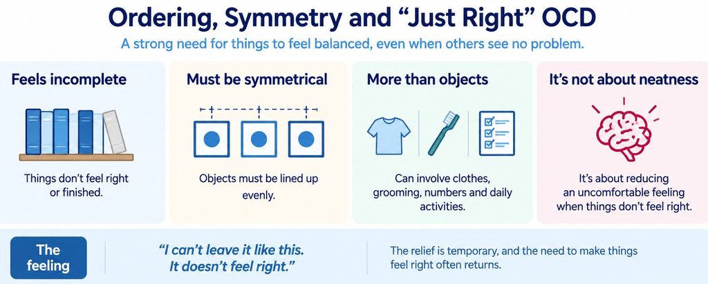 Infographic showing symmetry, ordering and repeating behaviours driven by feelings of incompleteness or things not feeling right.