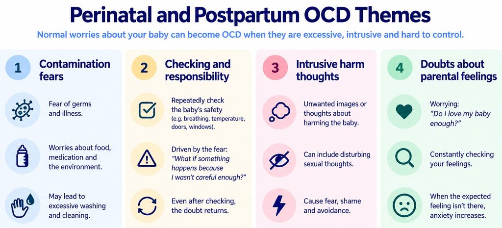 Infographic showing perinatal and postpartum OCD themes including contamination fears, checking, intrusive harm thoughts and parental doubts.