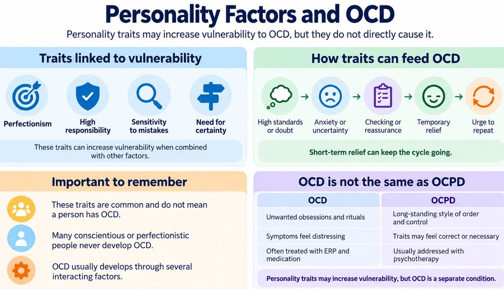 Infographic illustrating how perfectionism, excessive responsibility, fear of mistakes and a need for certainty may contribute to OCD symptoms.