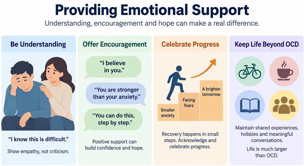 Infographic showing ways family members can support someone with OCD through empathy, encouragement, celebrating progress and shared activities.