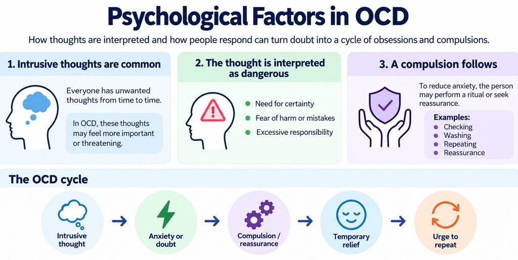 Diagram showing how intrusive thoughts, anxiety, compulsions and temporary relief can maintain the OCD cycle.