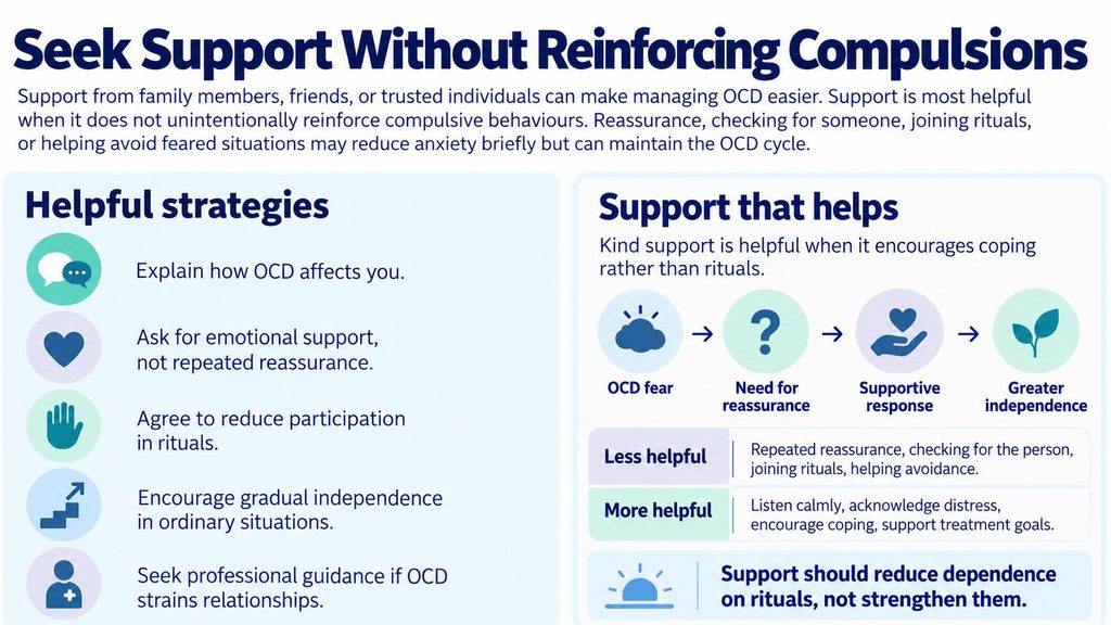 Infographic comparing helpful family support for OCD with repeated reassurance, participation in compulsive rituals, and avoidance.
