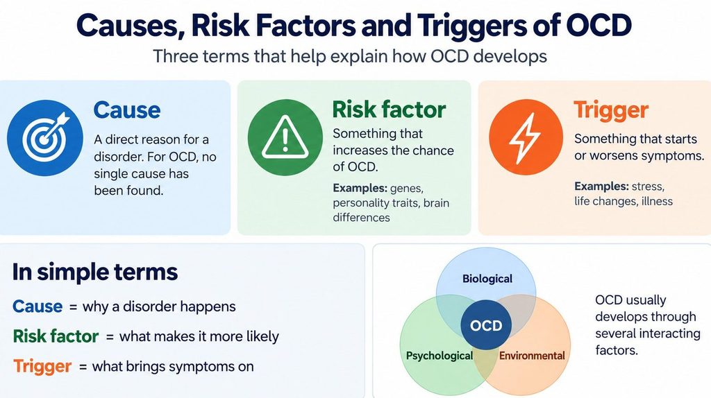 Diagram distinguishing the causes, risk factors and triggers of OCD and showing how biological, psychological and environmental influences interact.