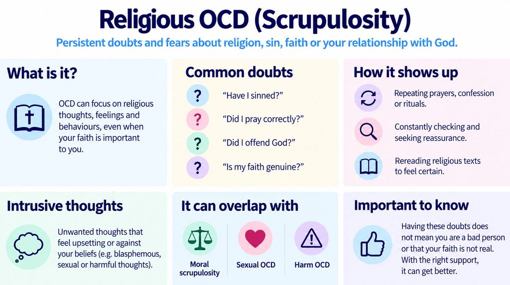 Infographic showing religious OCD with intrusive doubts about faith or sin, repeated rituals, checking and reassurance seeking.