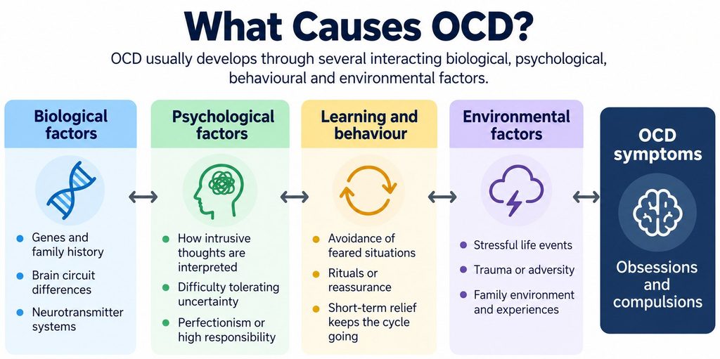 Overview of OCD risk factors showing how genetics, brain function, psychological processes and environmental influences interact.