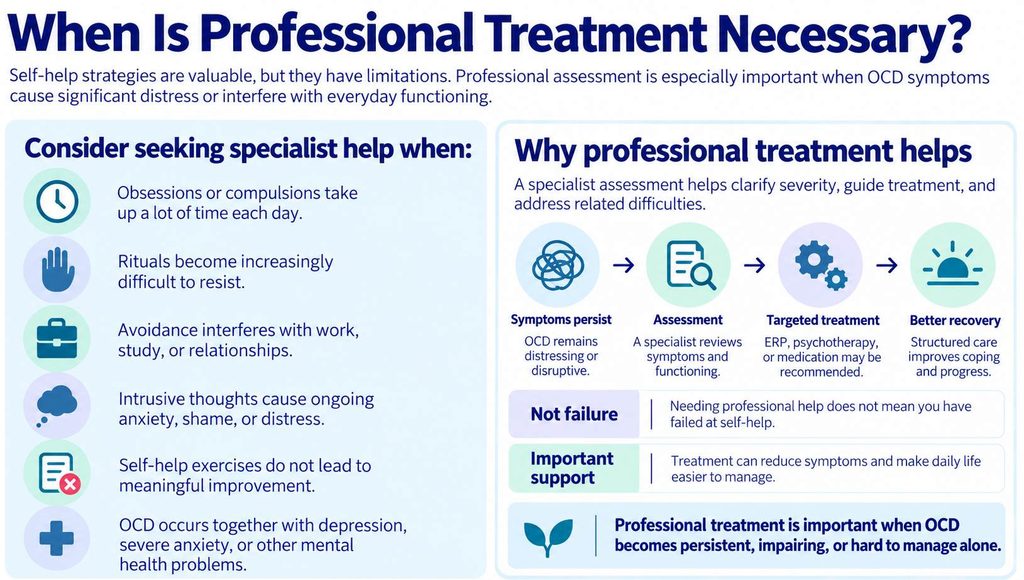 Infographic showing when OCD requires professional assessment, including persistent compulsions, intrusive thoughts, avoidance, and impaired daily functioning.