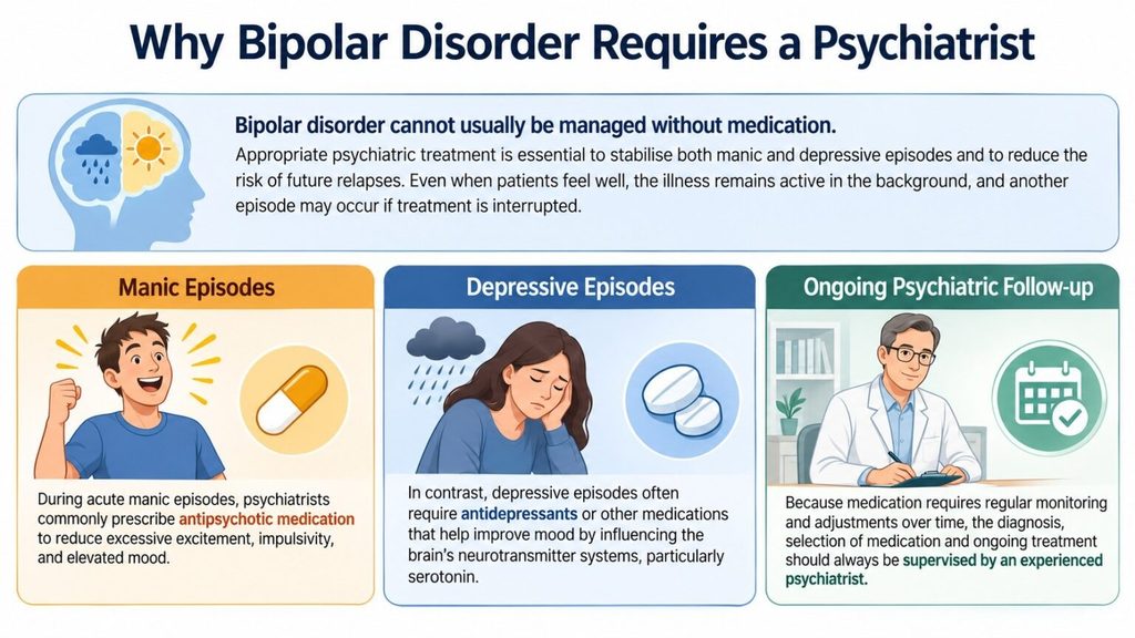 Psychiatric treatment of bipolar disorder helps control manic and depressive episodes and prevent relapses.