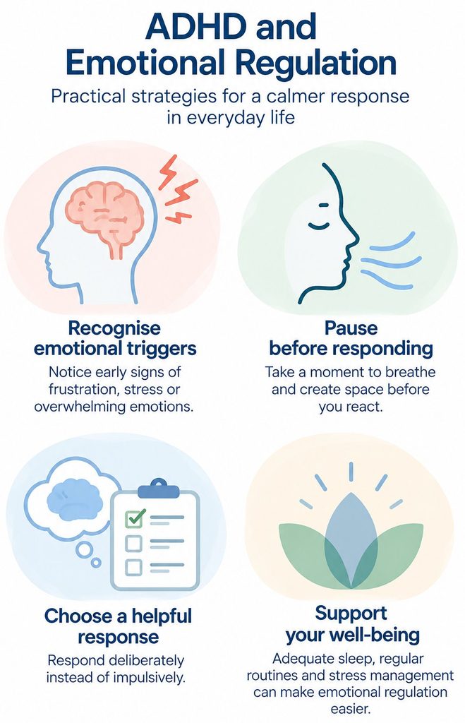 Strategies for emotional regulation in adults with ADHD, including recognising triggers, pausing before reacting and managing stress.