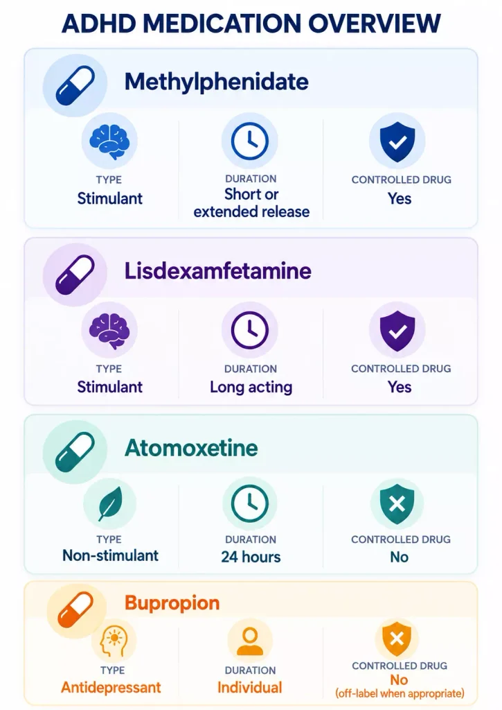 Comparison of ADHD medications showing onset and duration of Ritalin, Concerta and Vyvanse, and the gradual effects of Strattera.